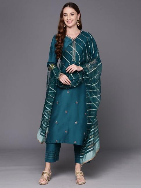 indo era blue embroidered kurta pant set with dupatta