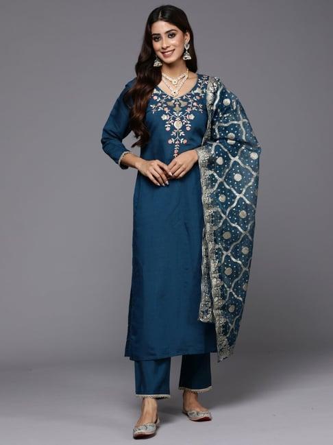 indo era blue embroidered kurta pant set with dupatta