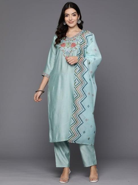 indo era blue embroidered kurta pant set with dupatta