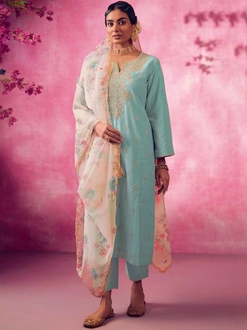 indo era blue embroidered kurta pant set with dupatta