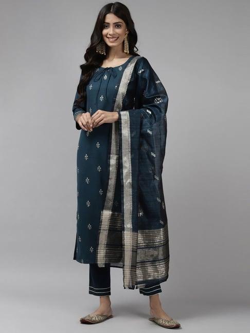 indo era blue embroidered kurta pant set with dupatta