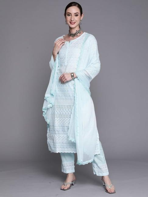indo era blue embroidered kurta pant set with dupatta