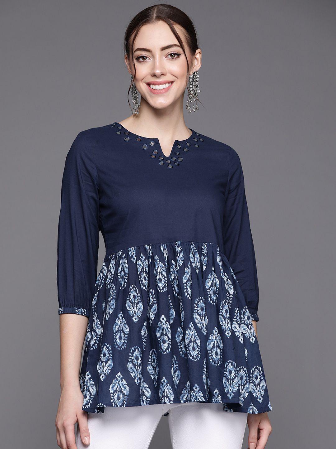 indo era blue ethnic motif printed peplum top