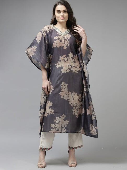 indo era blue floral print straight kurta