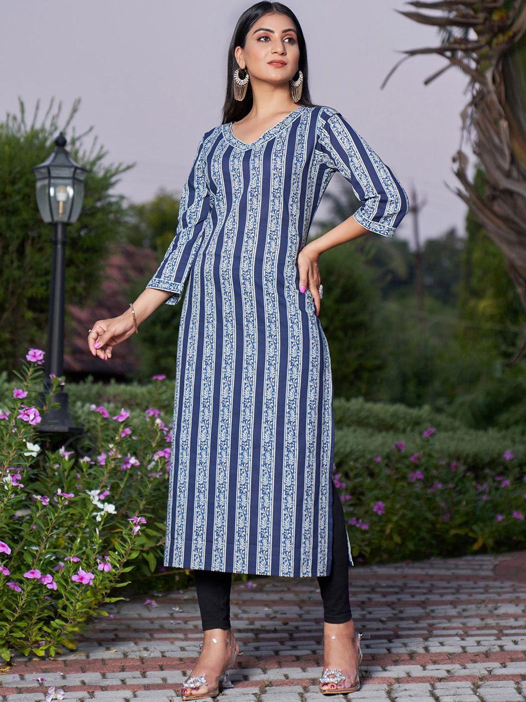 indo era blue striped v-neck pure cotton straight kurta