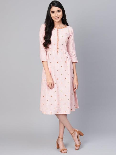 indo era blush pink cotton embroidered a-line dress