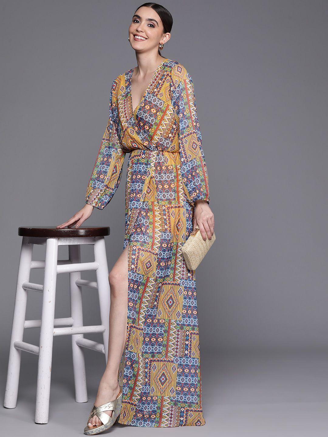 indo era bohemian print puff sleeves chiffon maxi wrap dress with slit detail