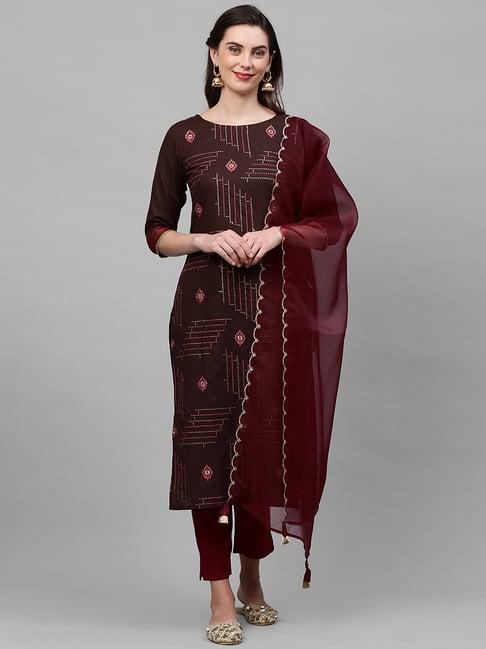 indo era brown cotton embellished kurta pant set with dupatta