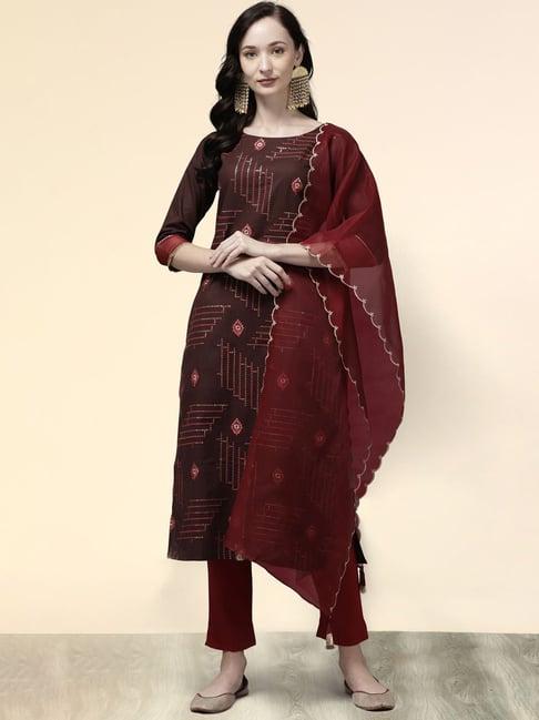 indo era brown cotton embroidered kurta pant set with dupatta