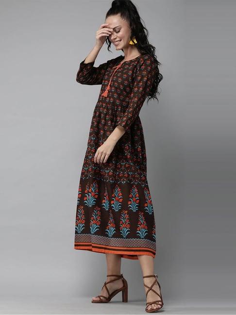 indo era brown cotton floral print a-line dress