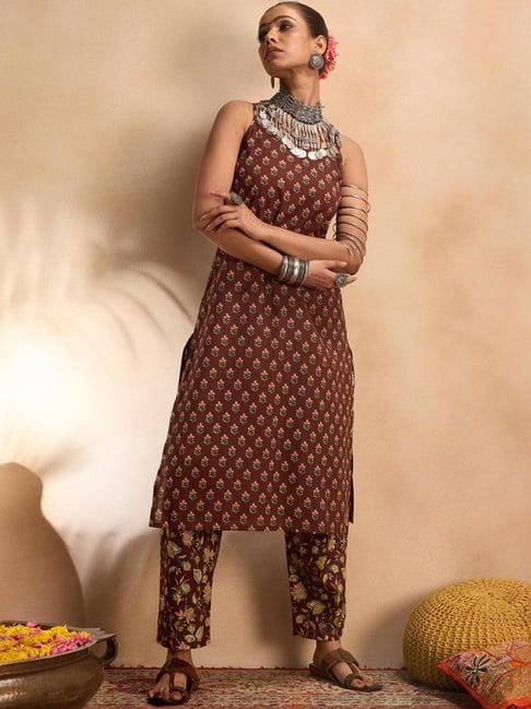 indo era brown cotton floral print kurta pant set