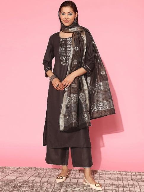 indo era brown embellished kurta palazzo set with dupatta