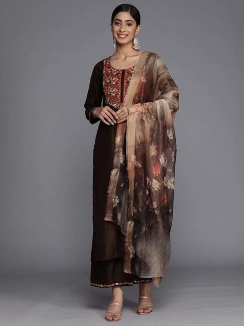 indo era brown embroidered kurta palazzo set with dupatta