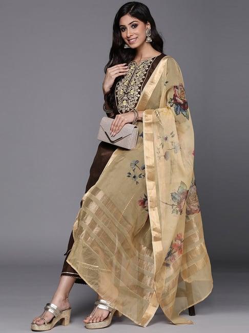 indo era brown embroidered kurta palazzo set with dupatta