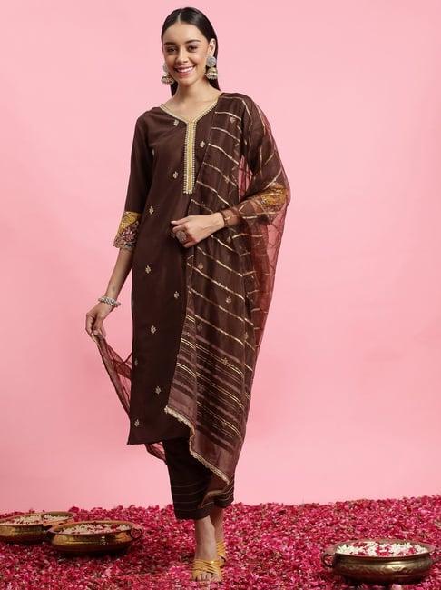 indo era brown embroidered kurta pant set with dupatta