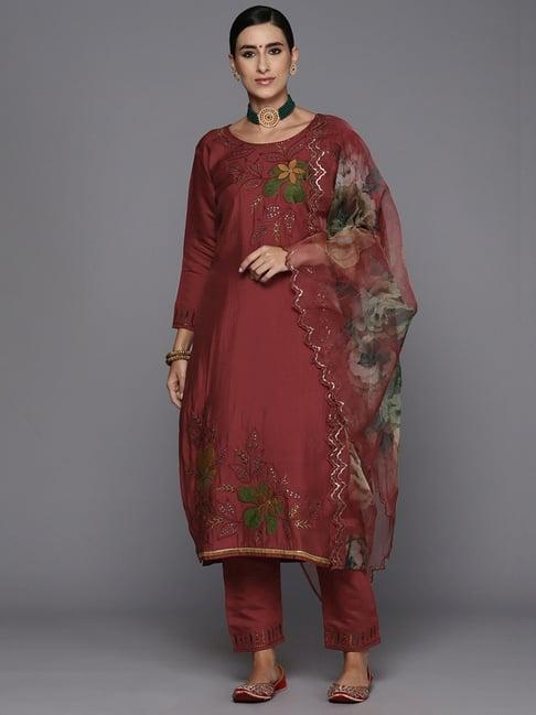 indo era brown embroidered kurta pant set with dupatta