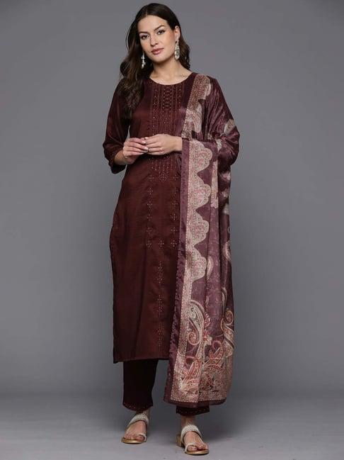 indo era brown embroidered kurta pant set with dupatta