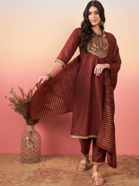 indo era brown embroidered kurta pant set with dupatta