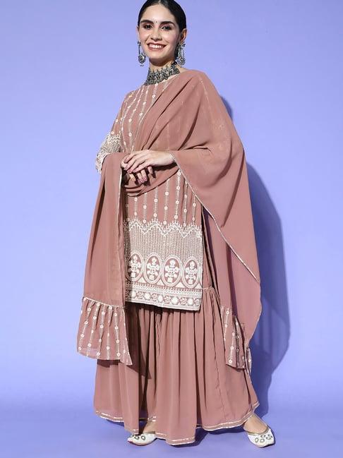 indo era brown embroidered kurta sharara set with dupatta