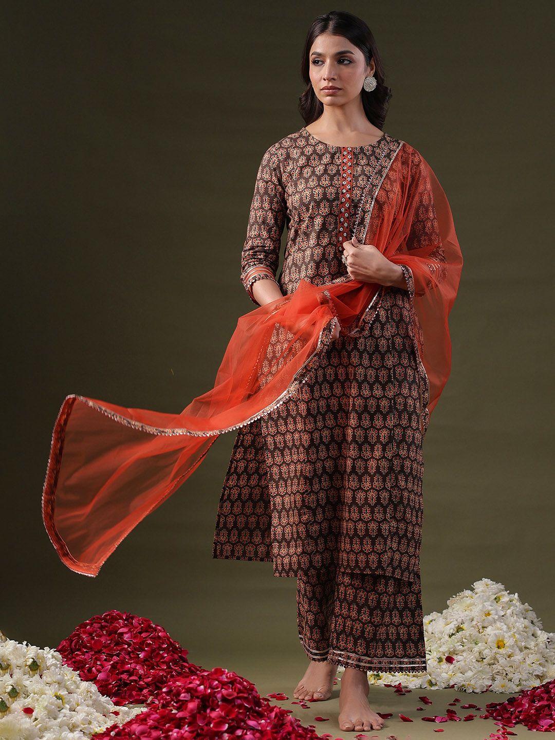 indo era brown ethnic motifs printed round neck straight kurta with palazzo & dupatta