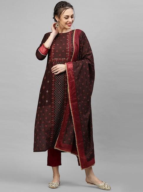 indo era brown foil printed straight kurta trouser with dupatta sets