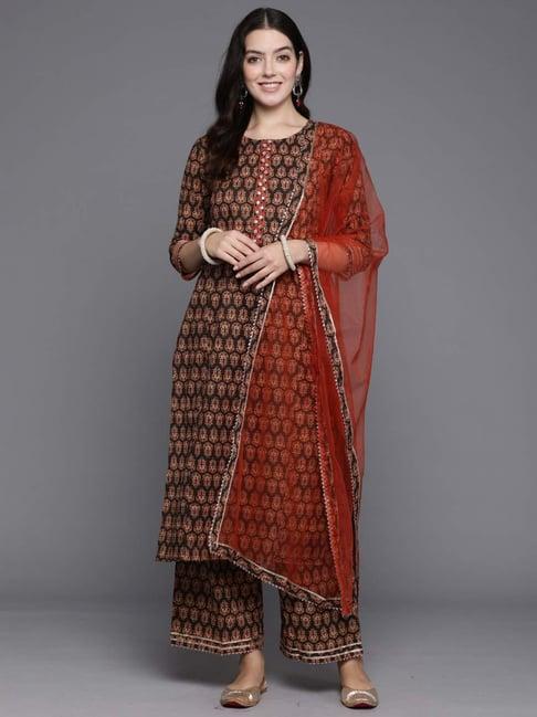 indo era brown printed kurta palazzo set with dupatta