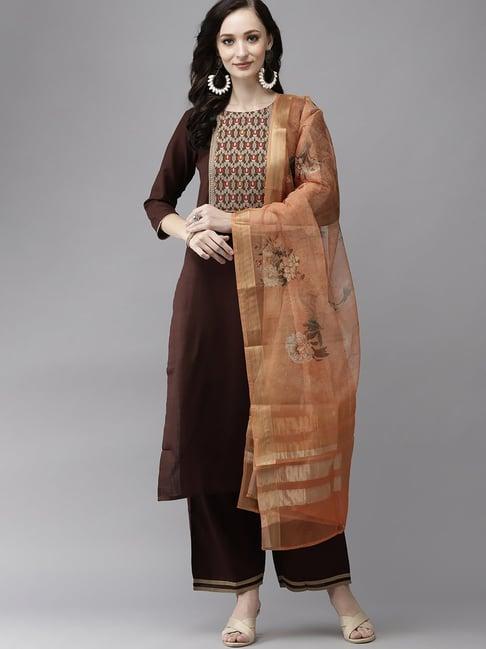 indo era brown pure cotton woven pattern kurta palazzo set with dupatta