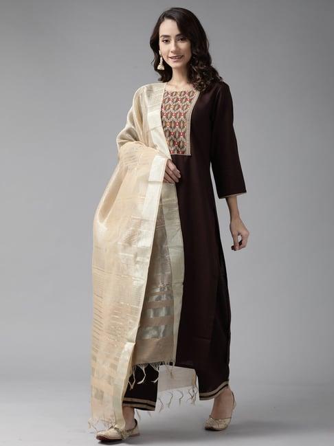 indo era brown woven pattern kurta palazzo set with dupatta