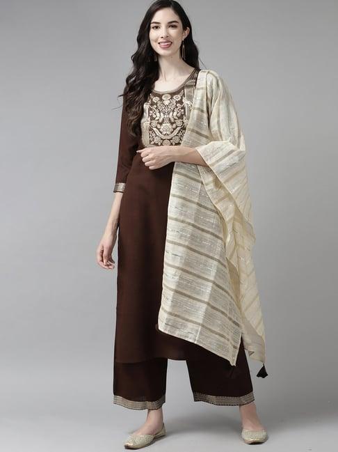 indo era brown woven pattern kurta palazzo set with dupatta