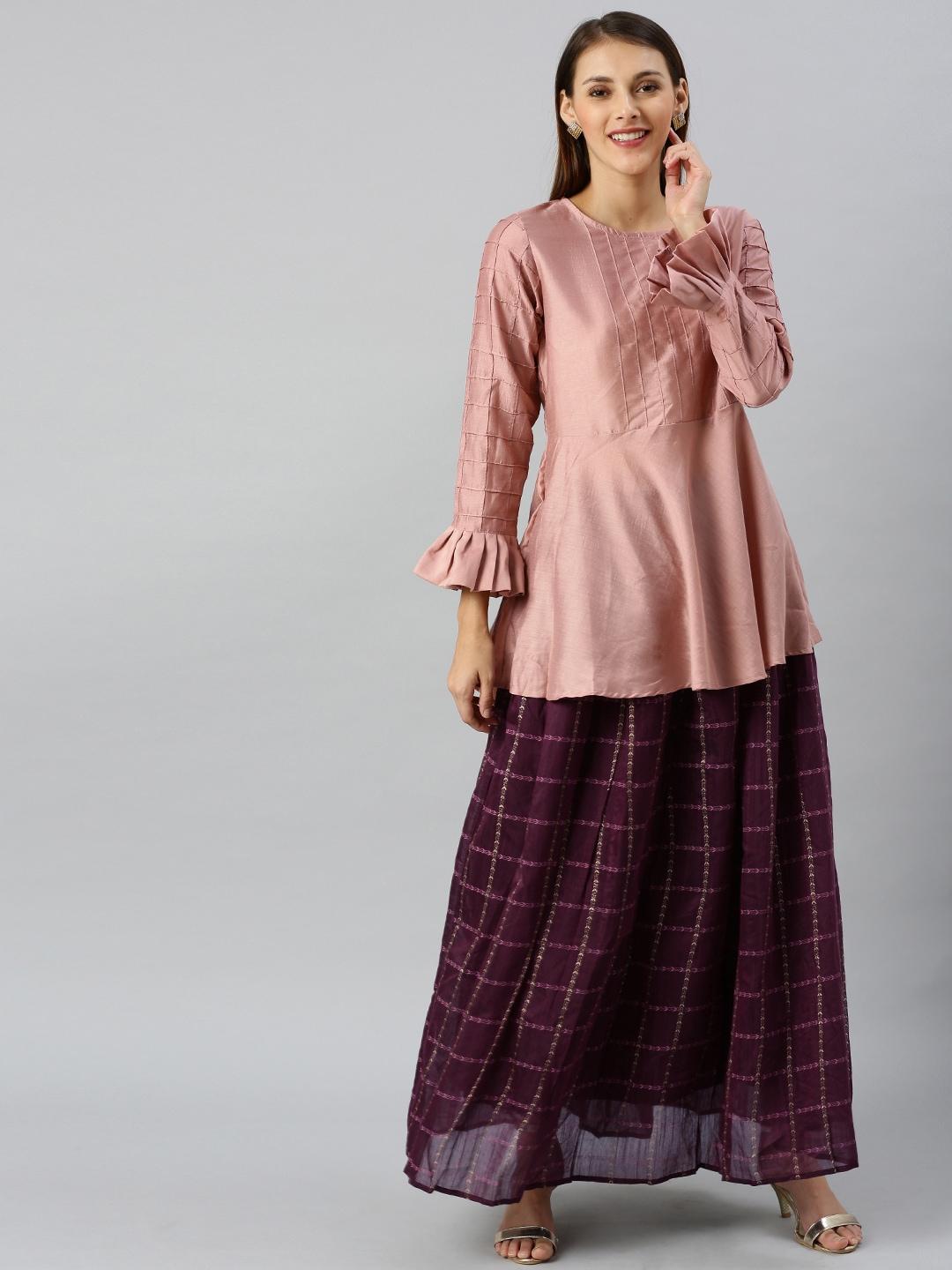 indo era burgundy & pink printed ready to wear lehenga with blouse