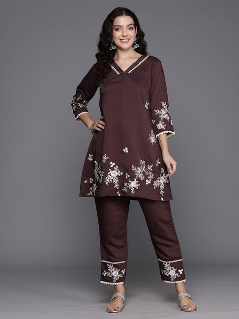 indo era burgundy embroidered kurta pant set