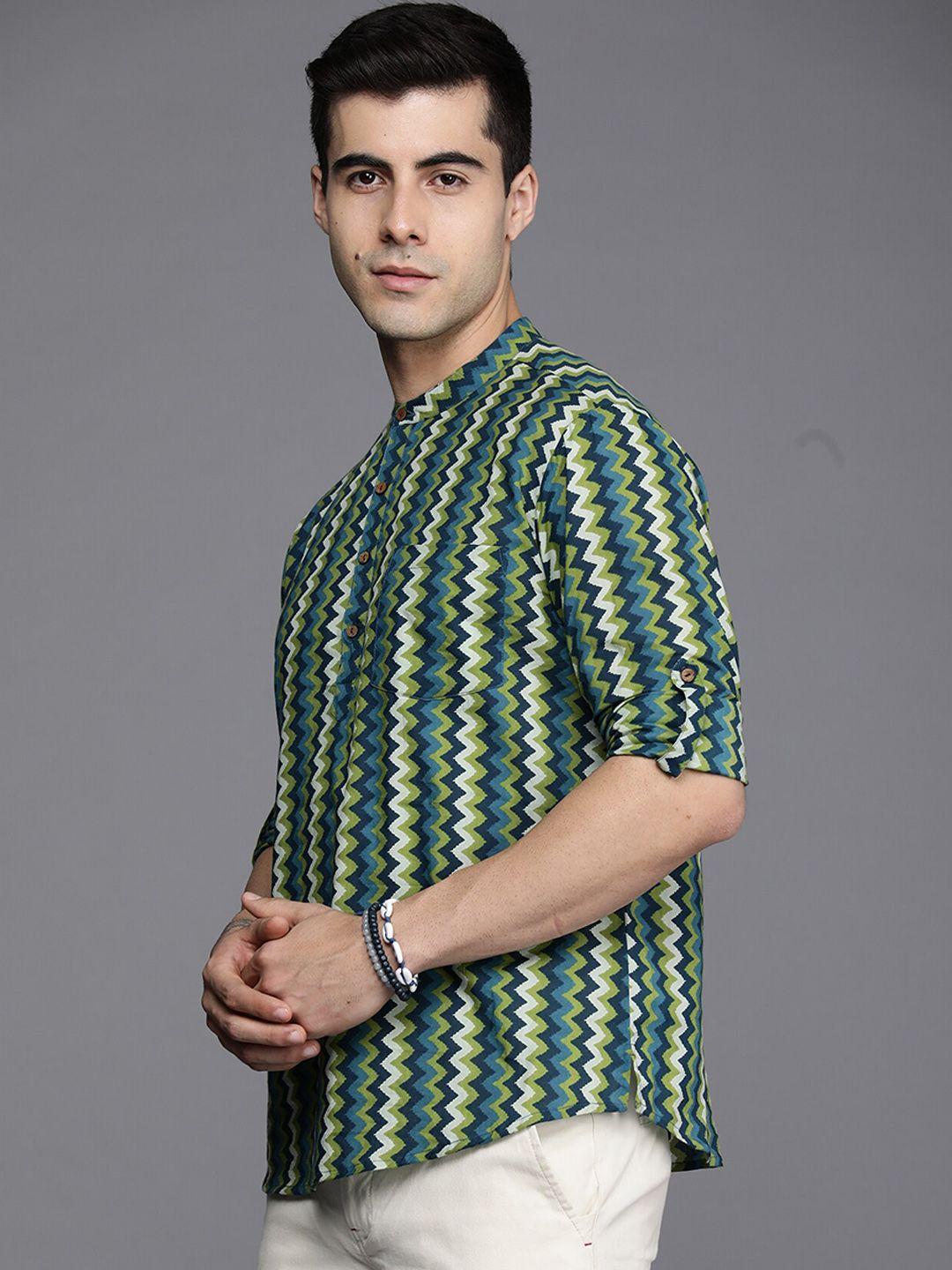 indo era chevron printed band collar pure cotton short kurta