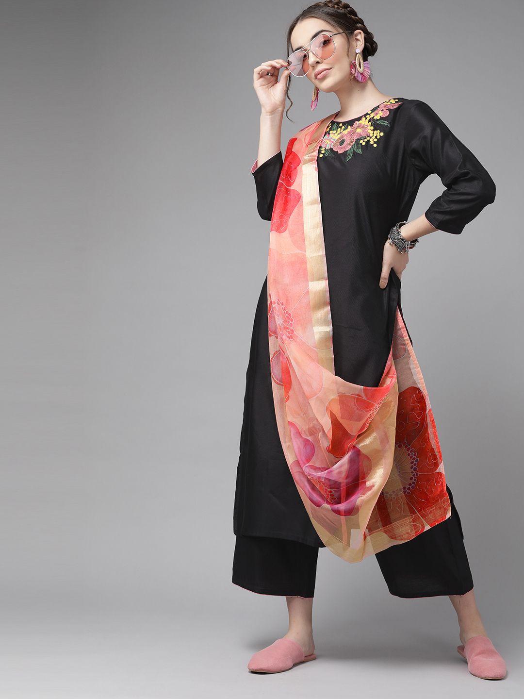 indo era classic black and peach embroidered kurta set