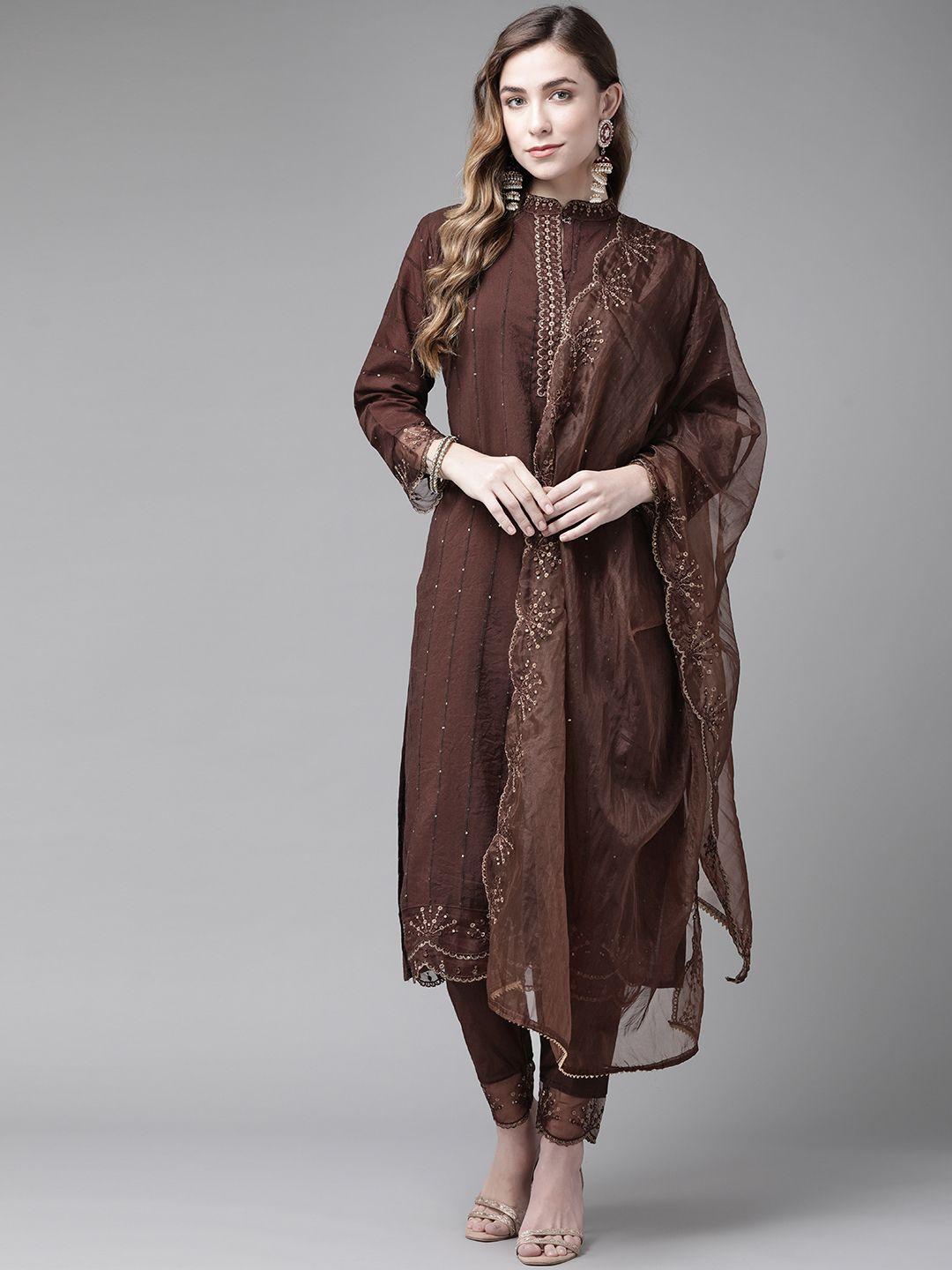 indo era coffee brown & gold embroidered sequinned straight kurta trousers & dupatta