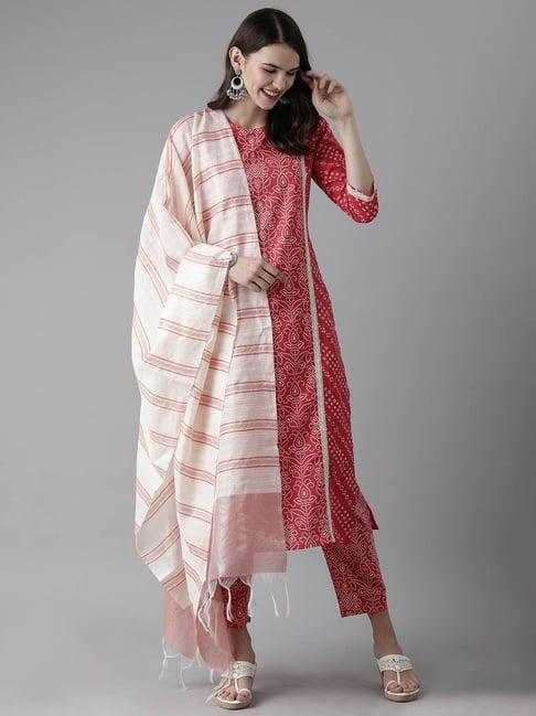 indo era coral bandhani kurta with pant & dupatta