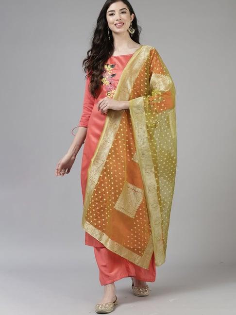 indo era coral embroidered kurta palazzo set with dupatta