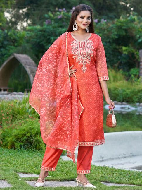 indo era coral embroidered kurta with pant & dupatta