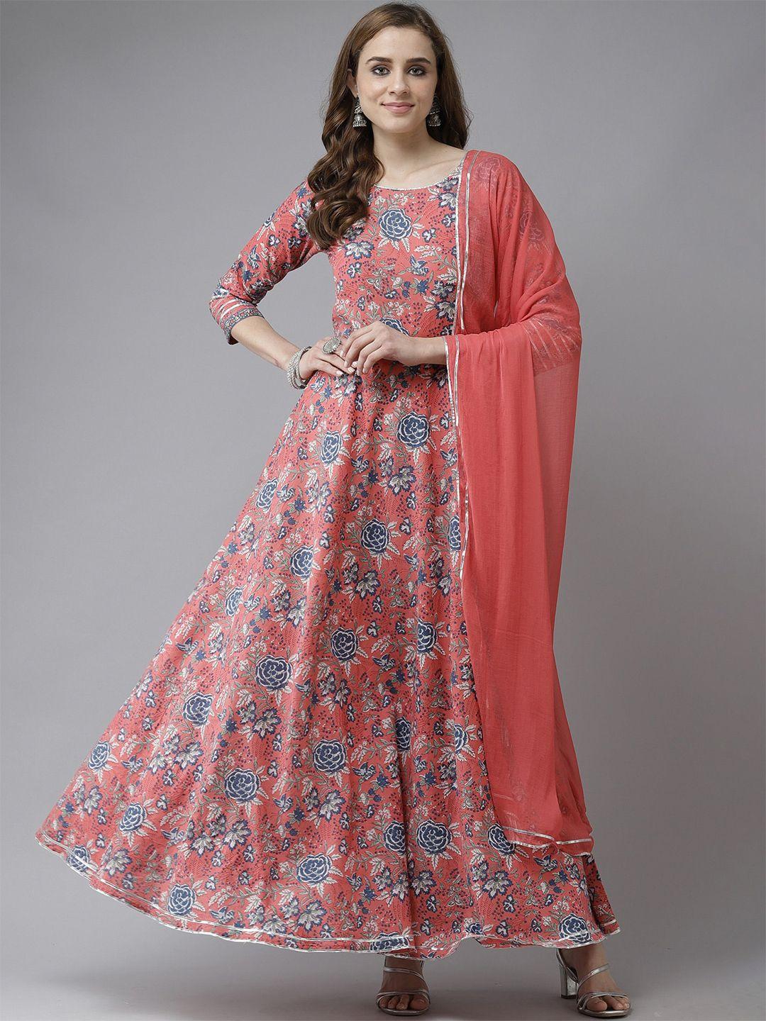 indo era coral floral ethnic maxi dress & dupatta