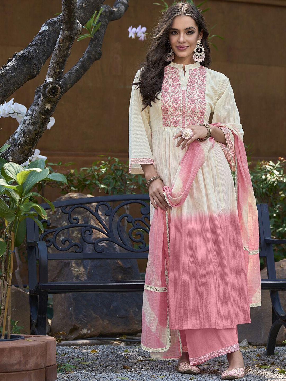 indo era cream & pink ombre thread work pure cotton kurta with trousers & dupatta