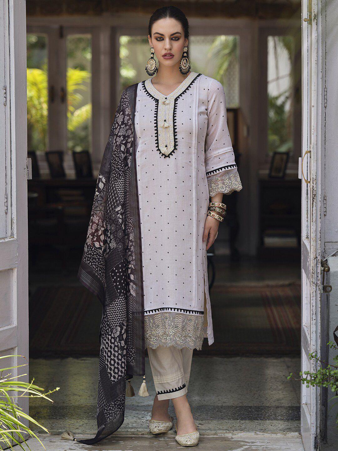 indo era cream-coloured & black floral embroidered thread work linen kurta set