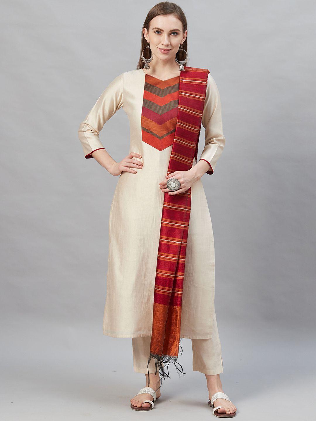 indo era cream-coloured patchwork yoke design kurta with trousers & dupatta