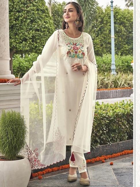 indo era cream embroidered kurta pant set with dupatta