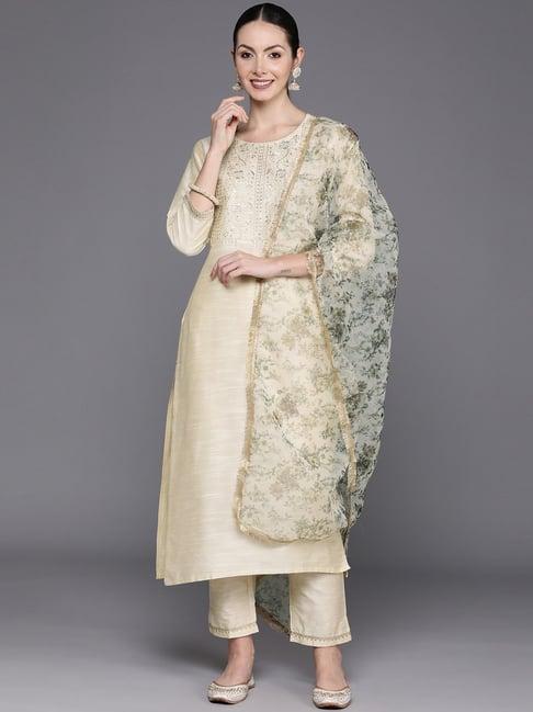 indo era cream embroidered kurta pant set with dupatta