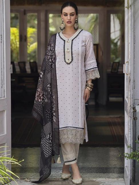 indo era cream linen embroidered kurta pant set with dupatta