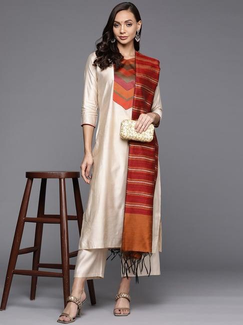 indo era cream woven pattern kurta palazzo set with dupatta