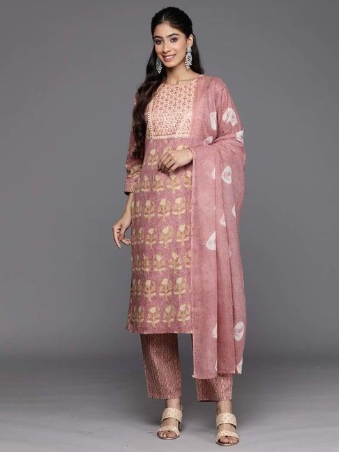 indo era dusty pink cotton embroidered kurta pant set with dupatta