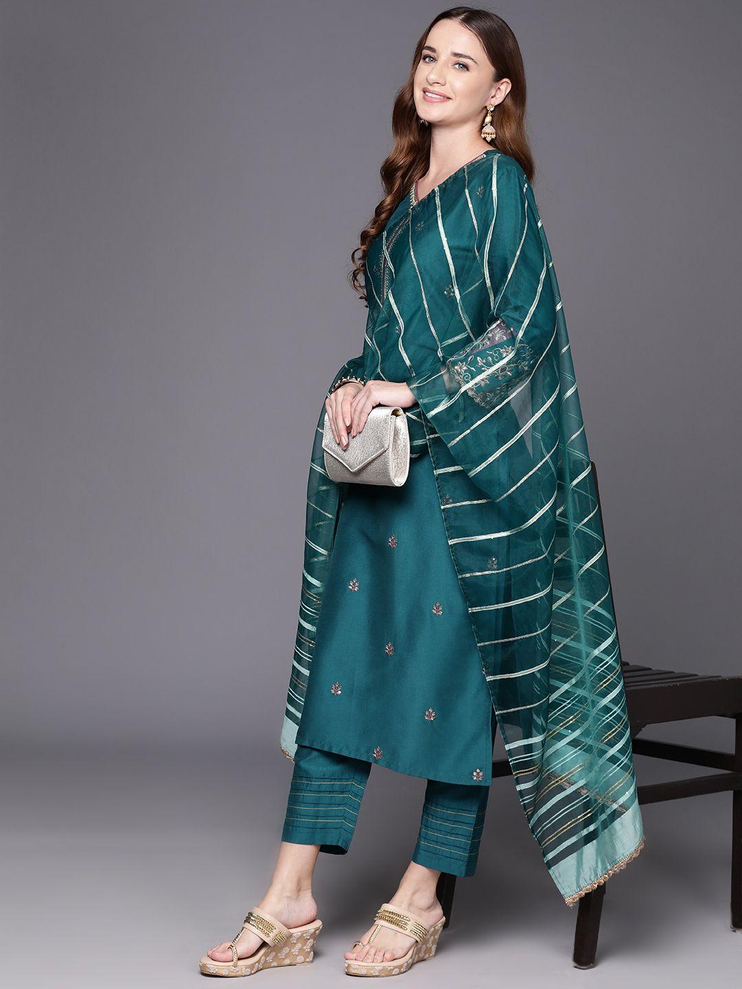 indo era embroidered regular sequinned kurta with trousers & dupatta