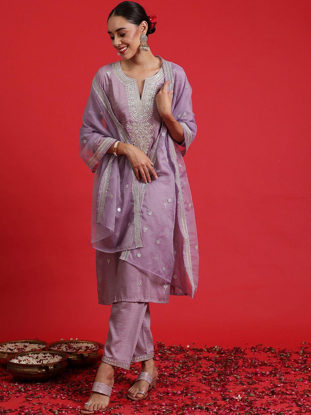 indo era embroidered sequinned straight kurta with trousers & dupatta