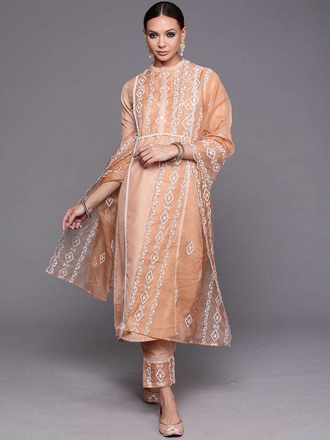 indo era embroidered straight kurta with trousers & dupatta