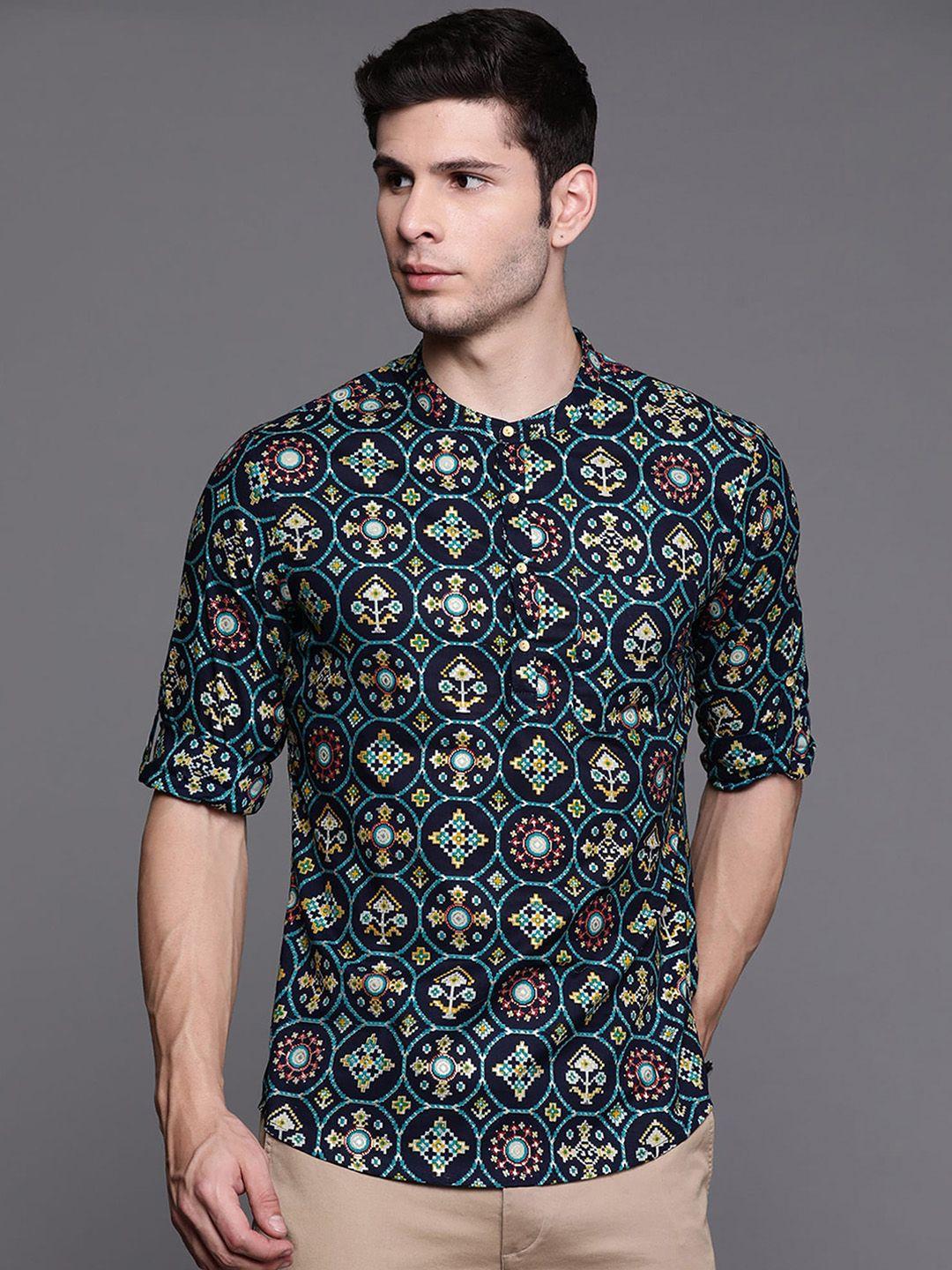 indo era ethnic motif printed band collar pure cotton short kurta